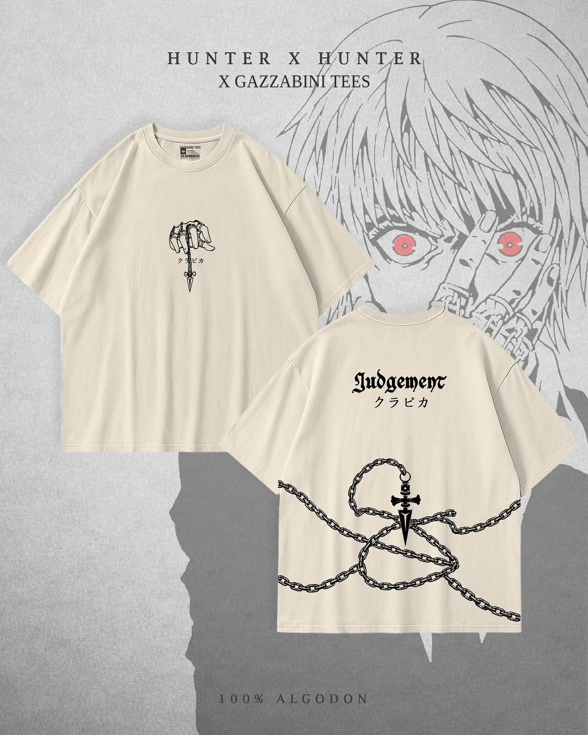 Color crema: remera Hunter x Hunter Kurapika Judgement, con mano y cadena al frente y cadenas negras en la espalda.
