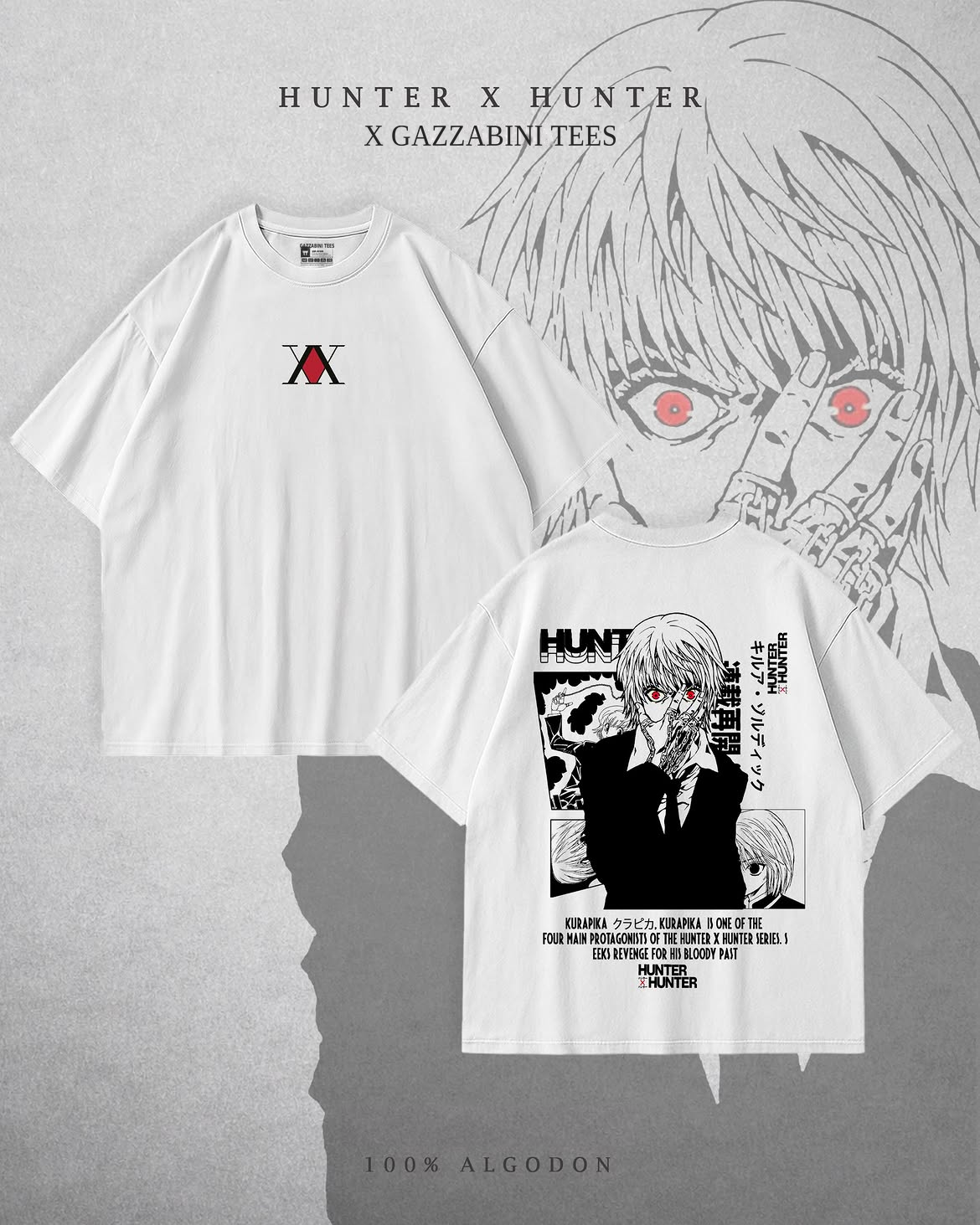Remera blanca de Hunter x Hunter con símbolo frontal y collage manga de Kurapika con ojos rojos y cadenas en la espalda.