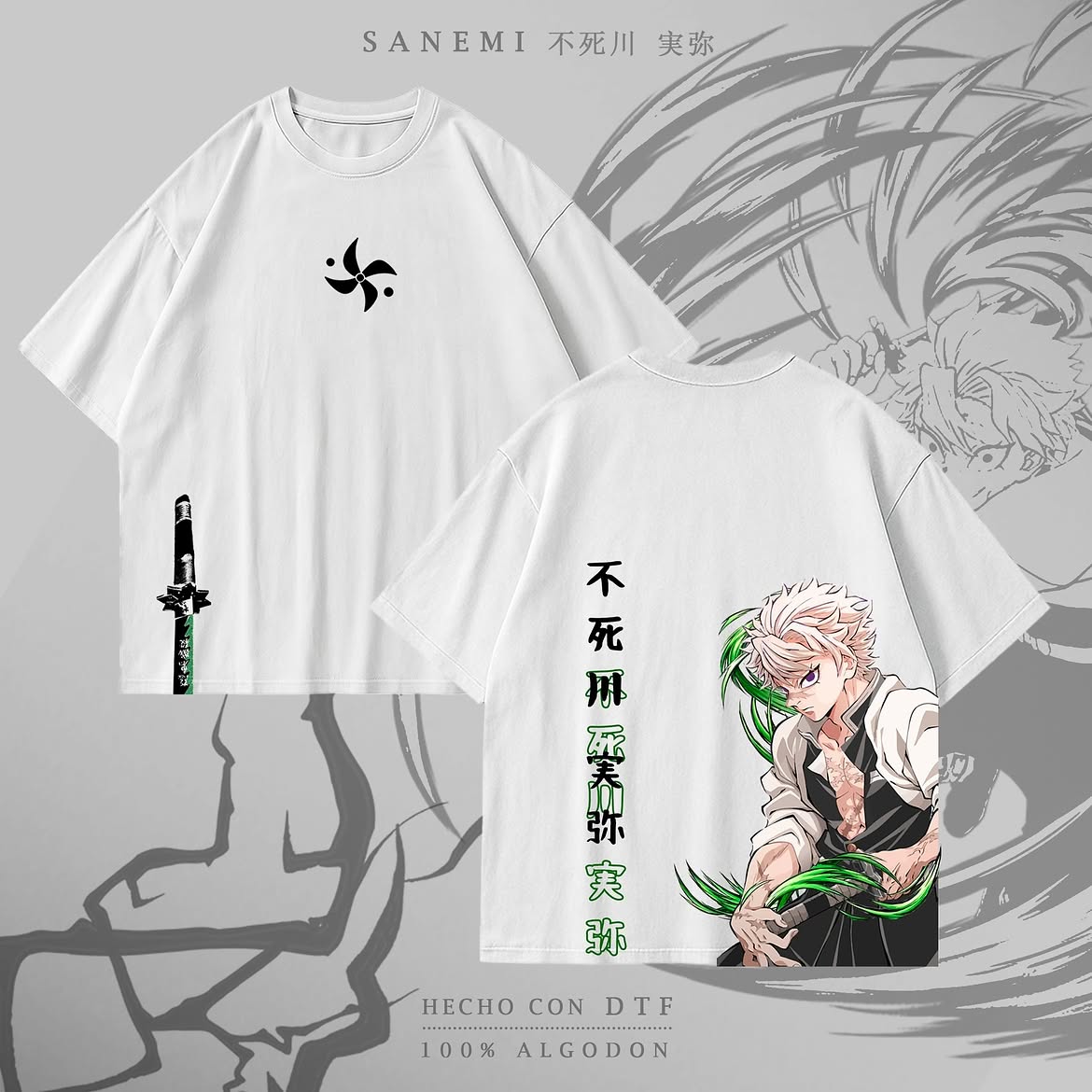 Remera blanca Kimetsu no Yaiba Sanemi Katana: símbolo y espada al frente, Sanemi con katana y efectos verdes en la espalda.