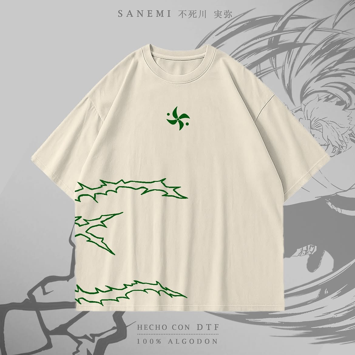 Remera crema Kimetsu no Yaiba Sanemi Viento con símbolo verde en el pecho y trazos verdes en un lateral.