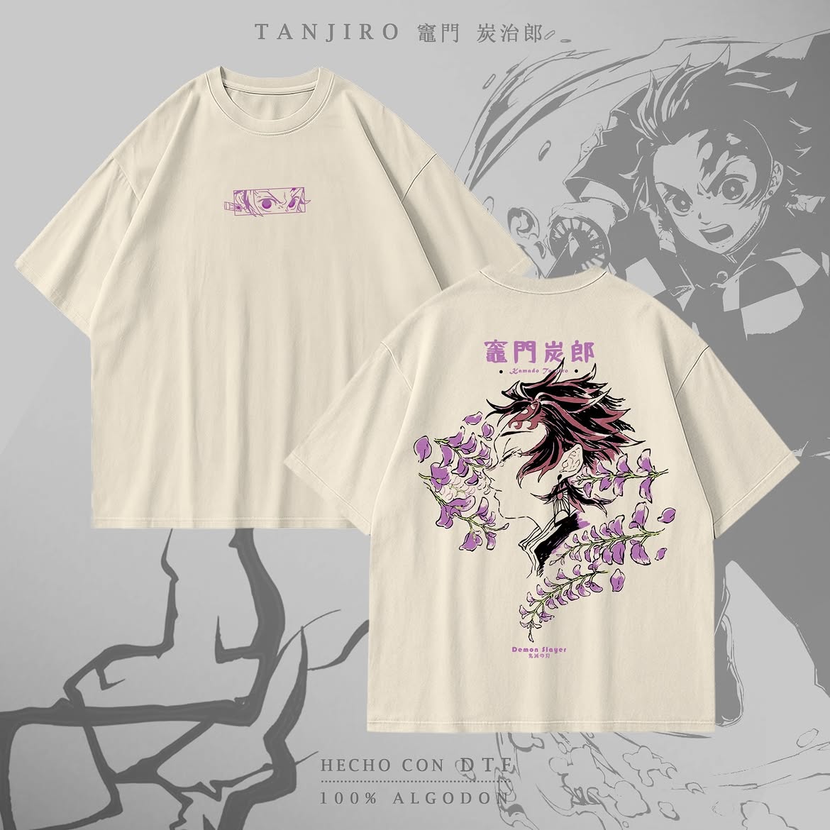 Color crema: remera Kimetsu no Yaiba Tanjiro Flores, vista del frente y de la espalda.