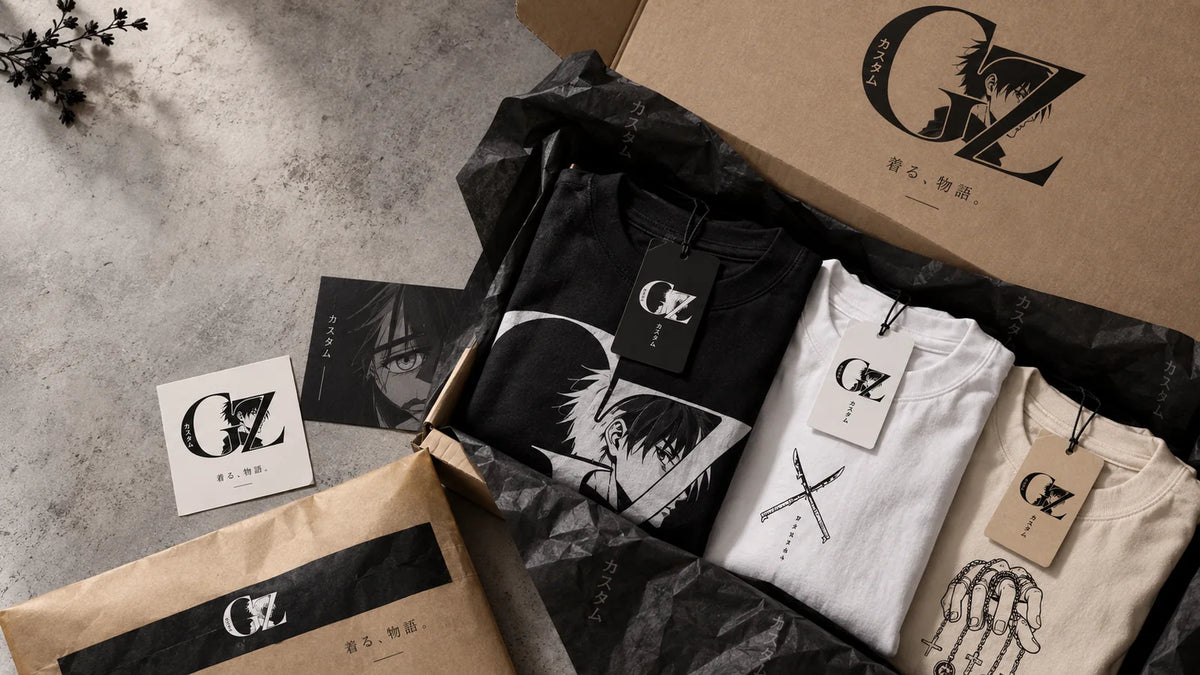 Composición ilustrativa de remeras y packaging kraft de Gazzabini Tees.