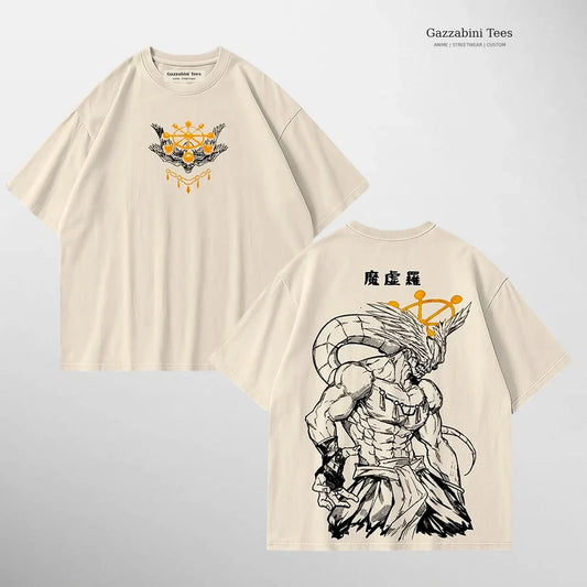 Mahoraga beige de Gazzabini Tees: frente y espalda completos, con etiqueta y marca.
