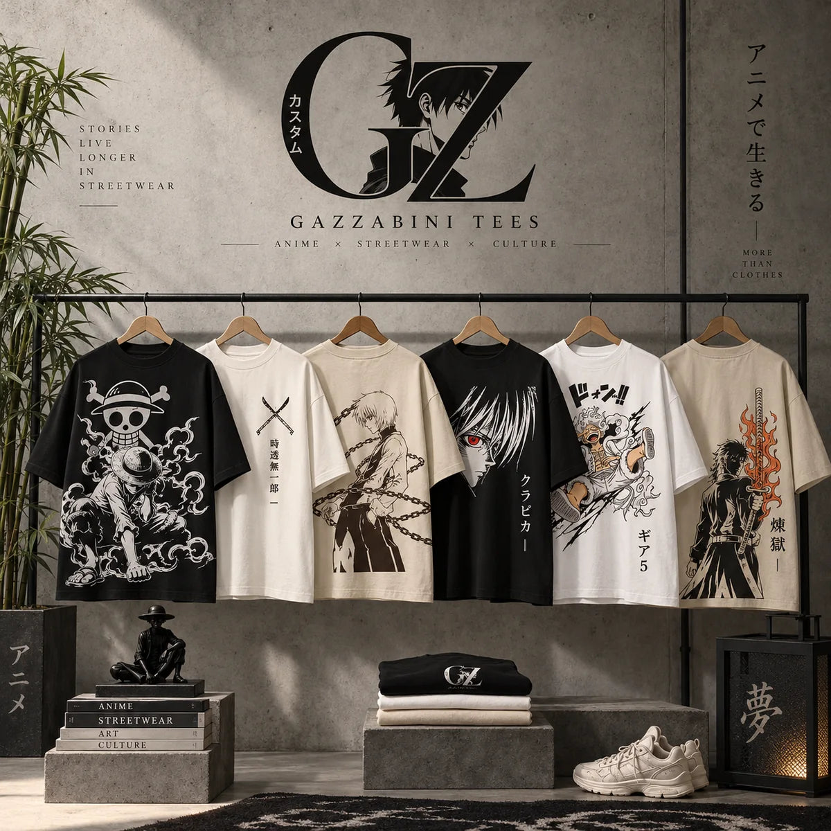 Mural editorial ilustrativo con el logo GZ y remeras de anime sobre una pared de concreto.