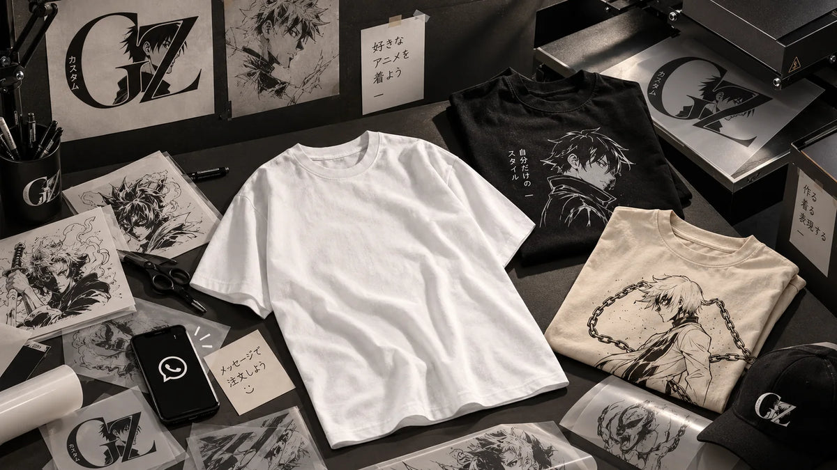 Composición ilustrativa de una remera lisa, bocetos y una prensa de calor.