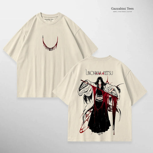 Unohana Retsu beige de Gazzabini Tees: frente y espalda de la remera, marca y etiqueta.
